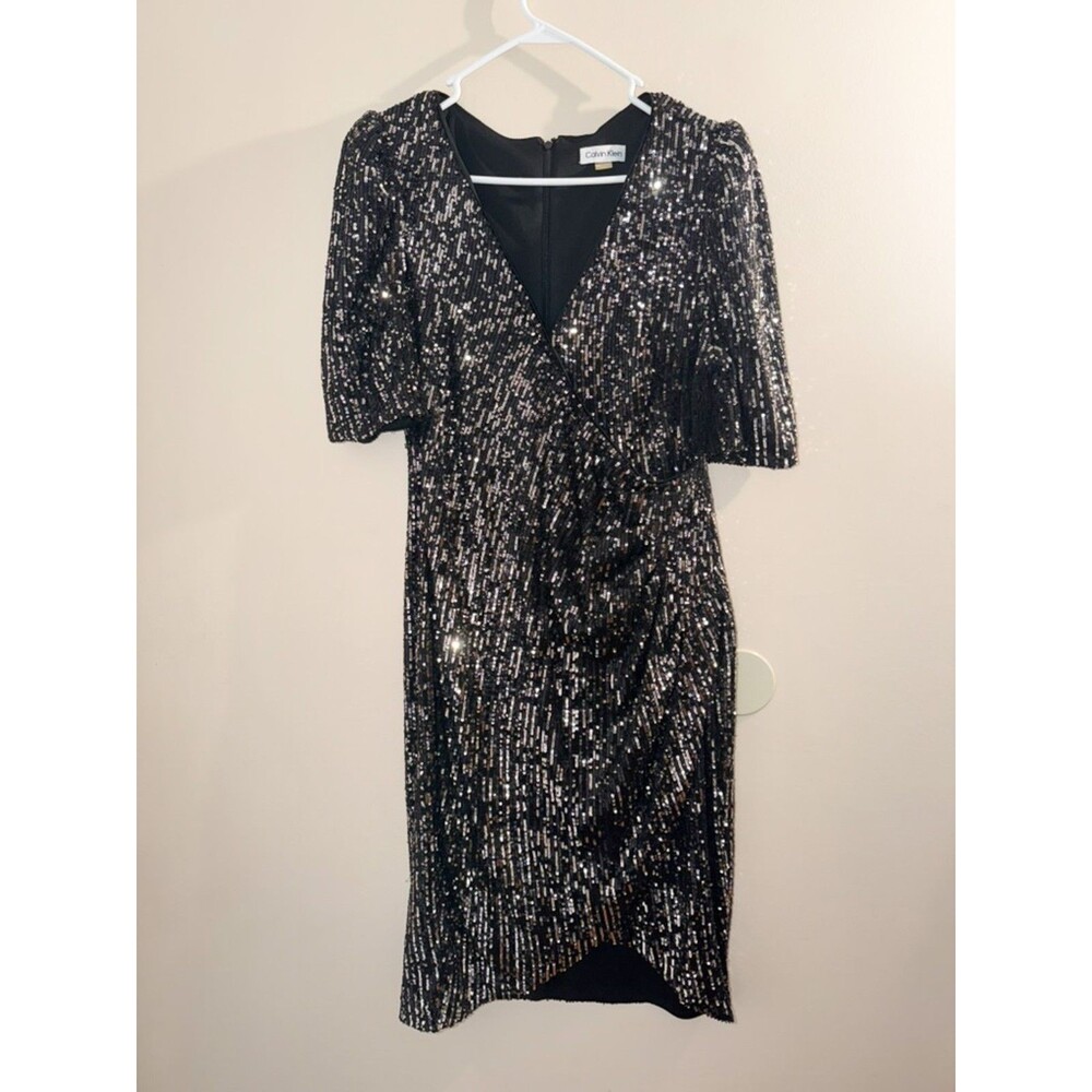 Calvin Klein Sequin Dress Women Size 14 Black Cocktail Party Wrap V Neck Holiday